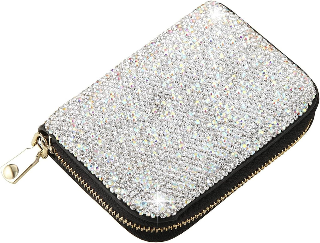 Rhinestone Credit Card Holder for Women RFID Blocking Wallet Slim Leather Zipper Card Case Wallet (Silver)