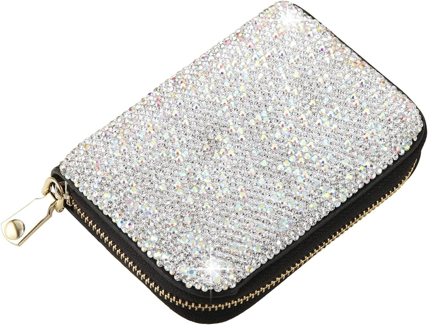Rhinestone Credit Card Holder for Women RFID Blocking Wallet Slim Leather Zipper Card Case Wallet (Silver)