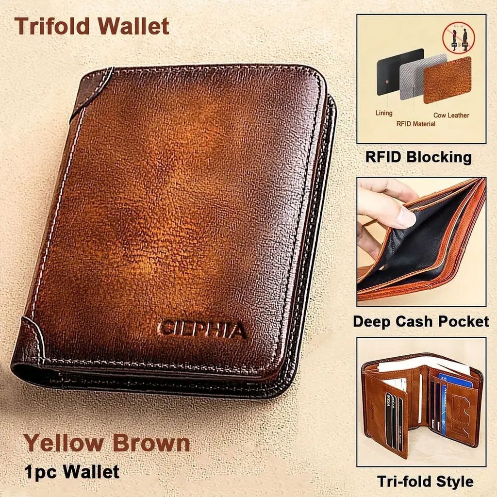 Genuine Leather Rfid Wallets for Men Vintage Thin Short Multi-Function Card Holder, Brown