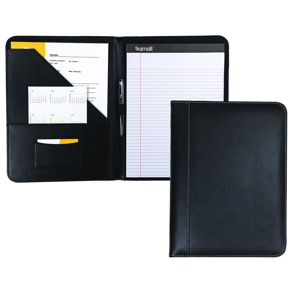 Contrast Stitch Leather Padfolio, 8.5"x11" Writing Pad Included, Black