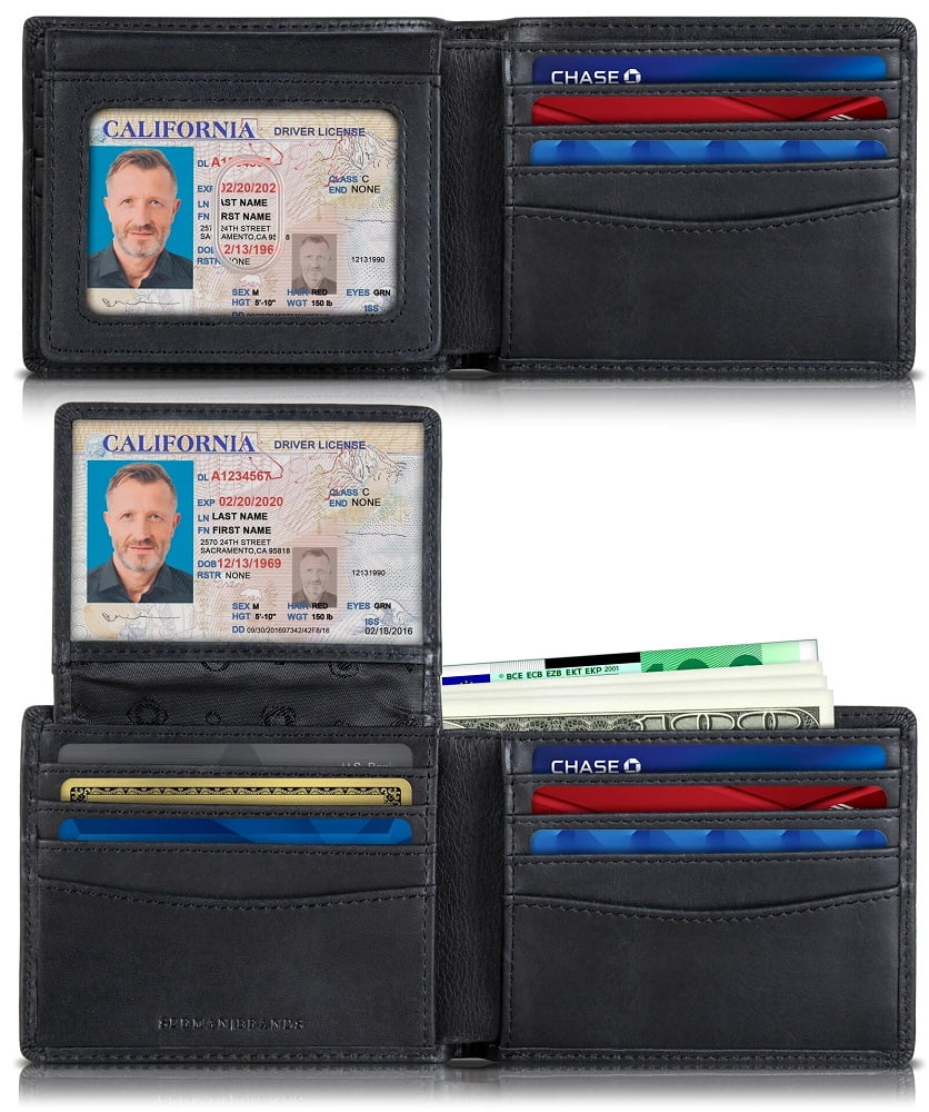 2 ID Window Wallet for Men | RFID Blocking | Premium Full Grain Leather | Bifold Top Flip | Extra Capacity Travel Wallet | Charcoal Black