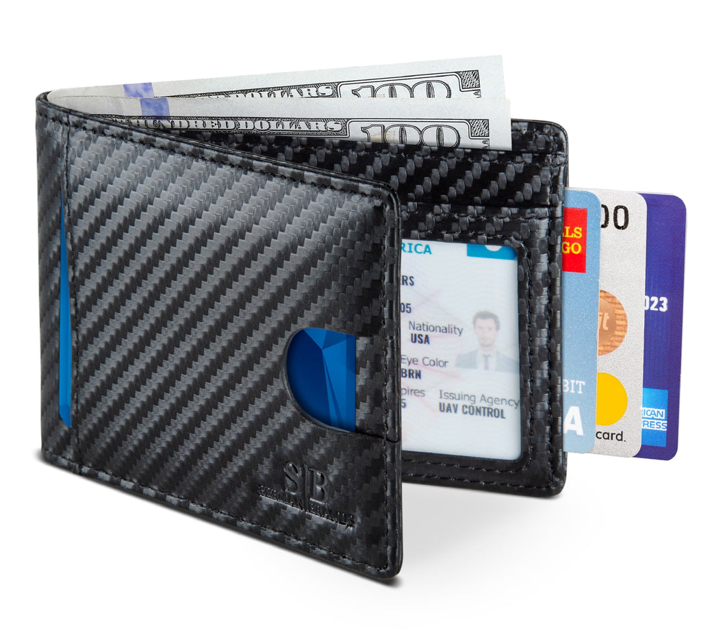 RFID Blocking Bifold | Slim Genuine Leather | Minimalist Front Pocket Wallets for Men | Carbon Fiber