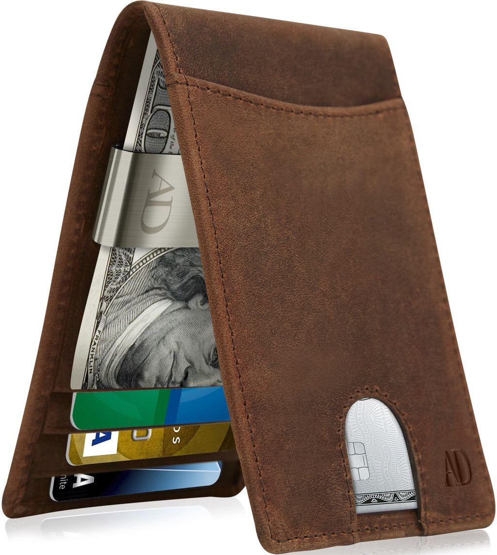 Slim Leather Wallet for Men – RFID Blocking Minimalist Front Pocket Wallet with Money Clip – Genuine Leather Bifold C...