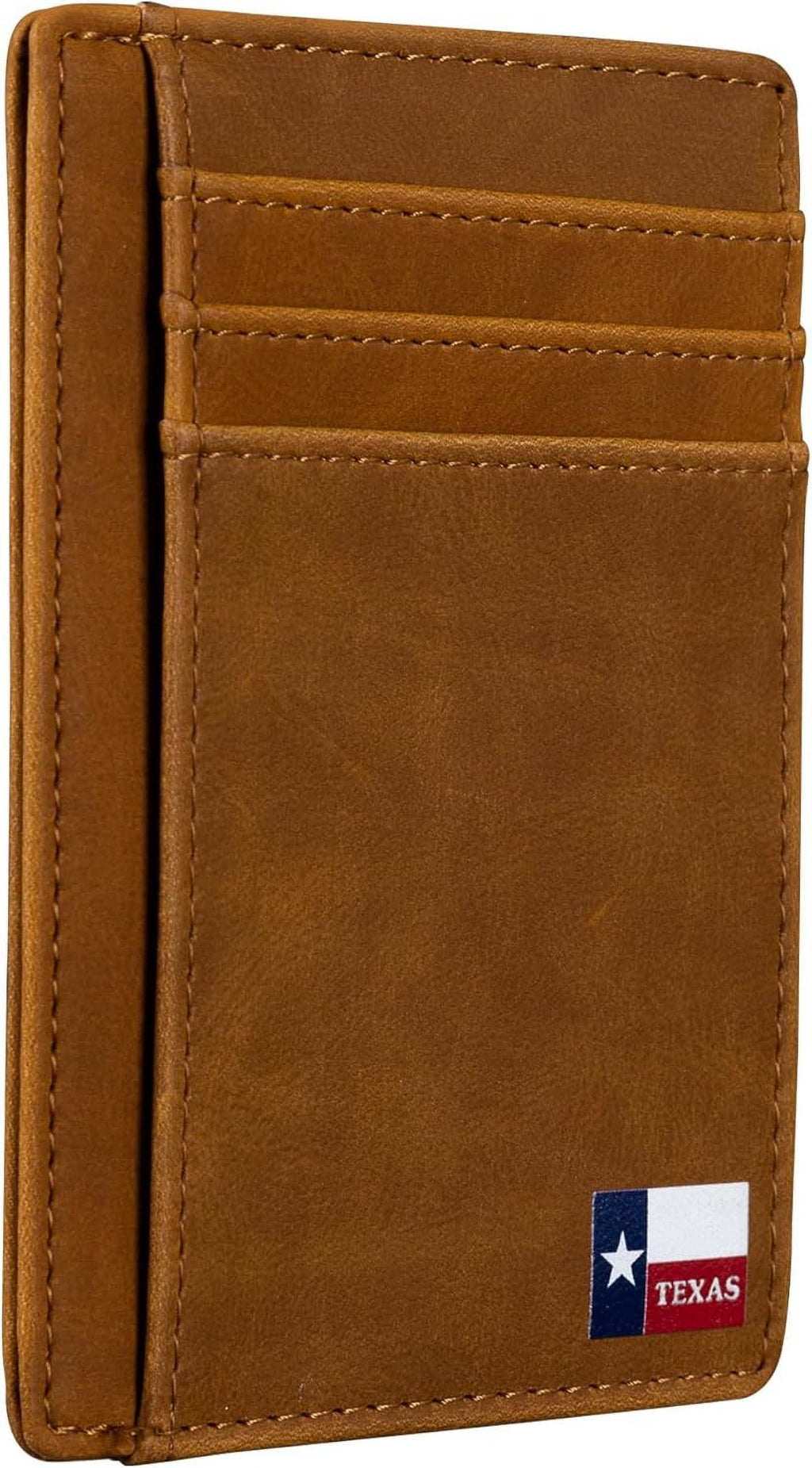 Slim Front Pocket Wallet, PU Leather, Khaki, Card Holder, RFID Blocking with Texas Souvenir Logo, Gift for Texans and their lovers (Texas Fl