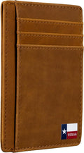 Slim Front Pocket Wallet, PU Leather, Khaki, Card Holder, RFID Blocking with Texas Souvenir Logo, Gift for Texans and their lovers (Texas Fl
