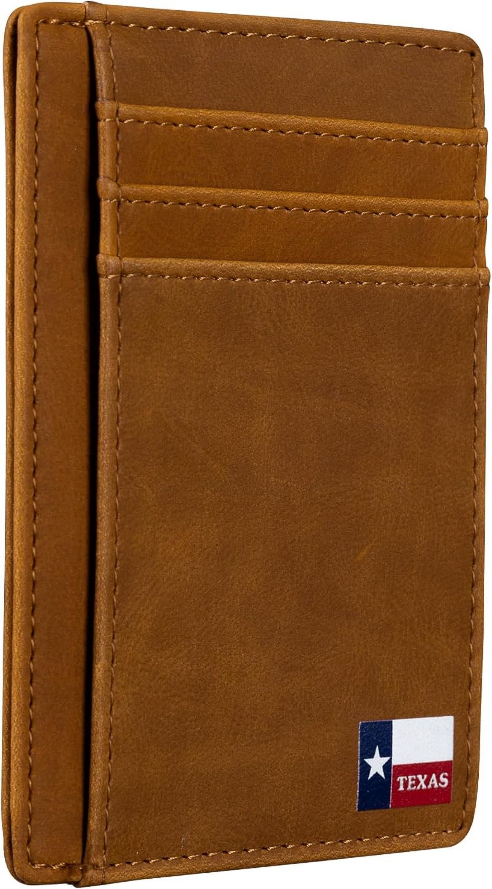 Slim Front Pocket Wallet, PU Leather, Khaki, Card Holder, RFID Blocking with Texas Souvenir Logo, Gift for Texans and their lovers (Texas Fl
