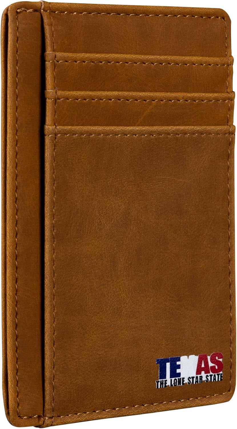 Slim Front Pocket Wallet, PU Leather, Khaki, Card Holder, RFID Blocking with Texas Souvenir Logo, Gift for Texans and...