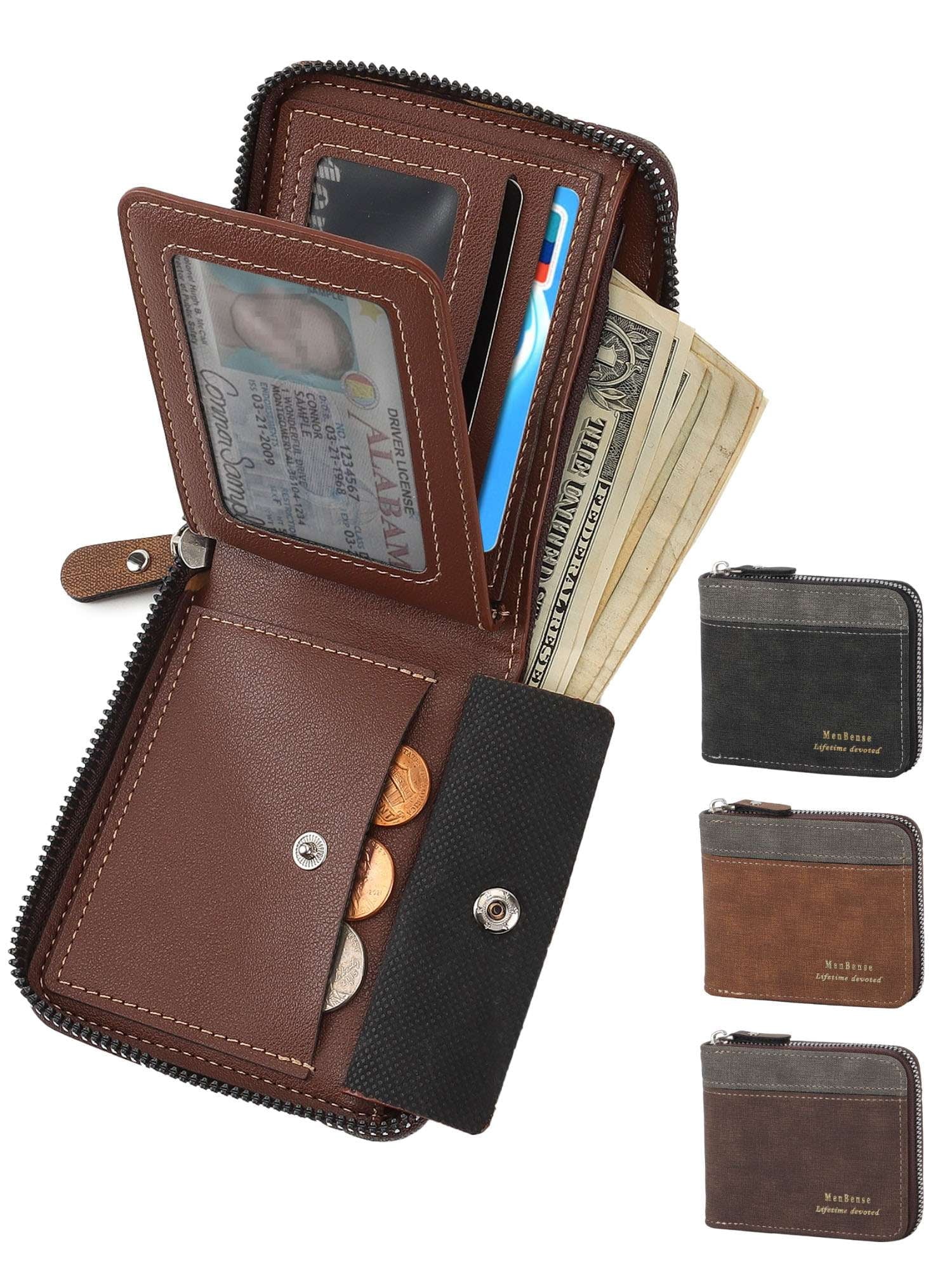 Men's Leather Bifold Wallet, Waterproof RFID Blocking Wallets Zipper Purse with Credit Card Holder ID Window, Black