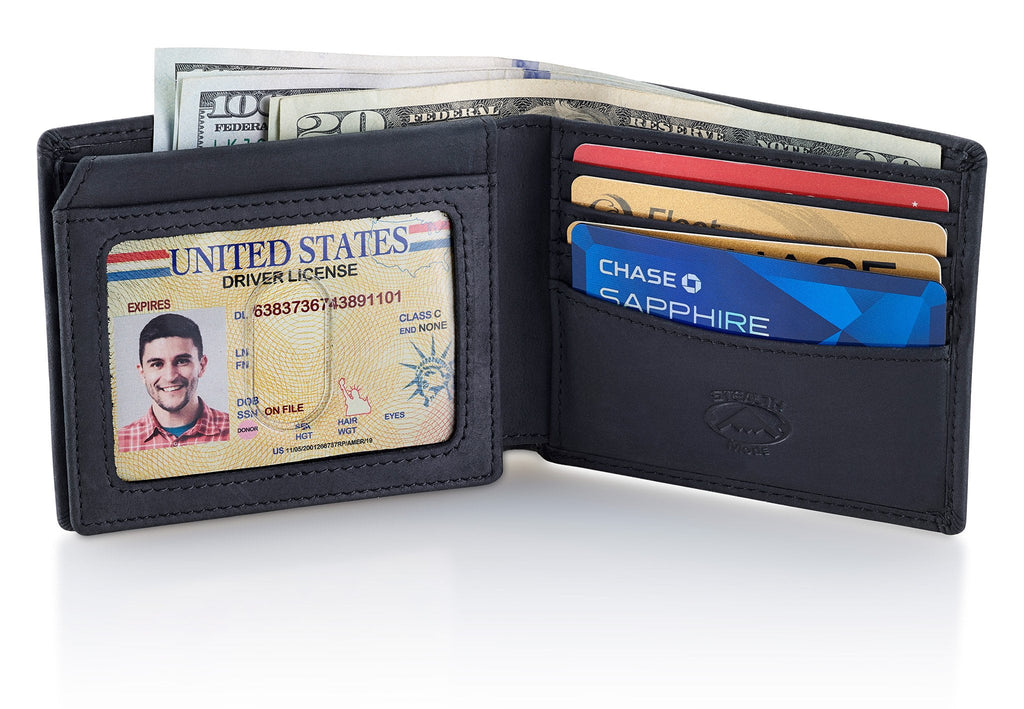 Leather Bifold Wallet for Men With ID Window and RFID Blocking (Black)