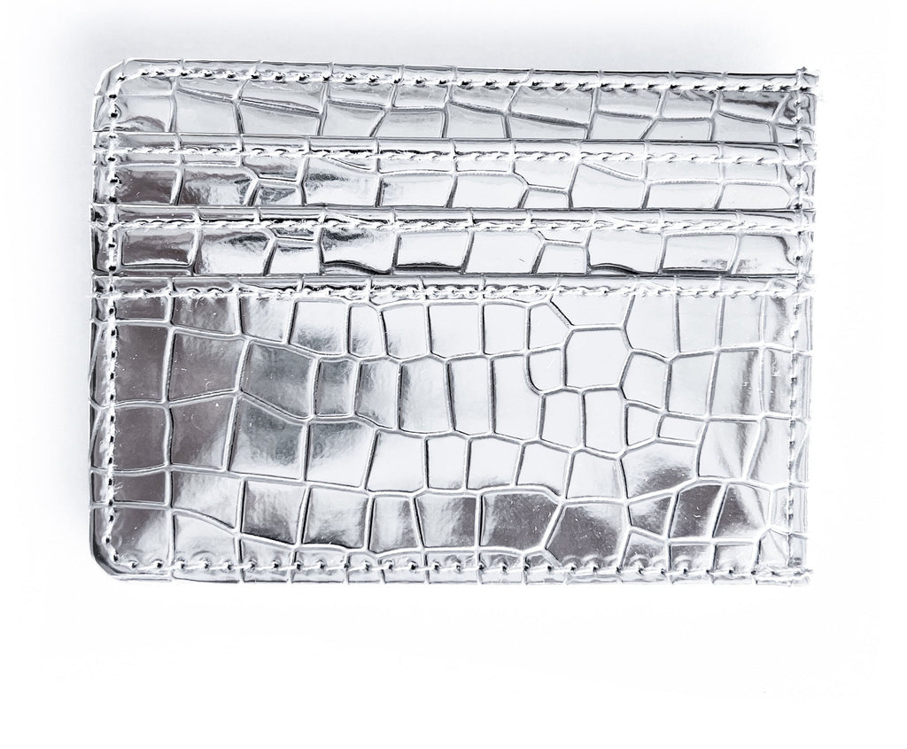 credit card holder slim design wallet in silver metallic faux leather crocodile pattern