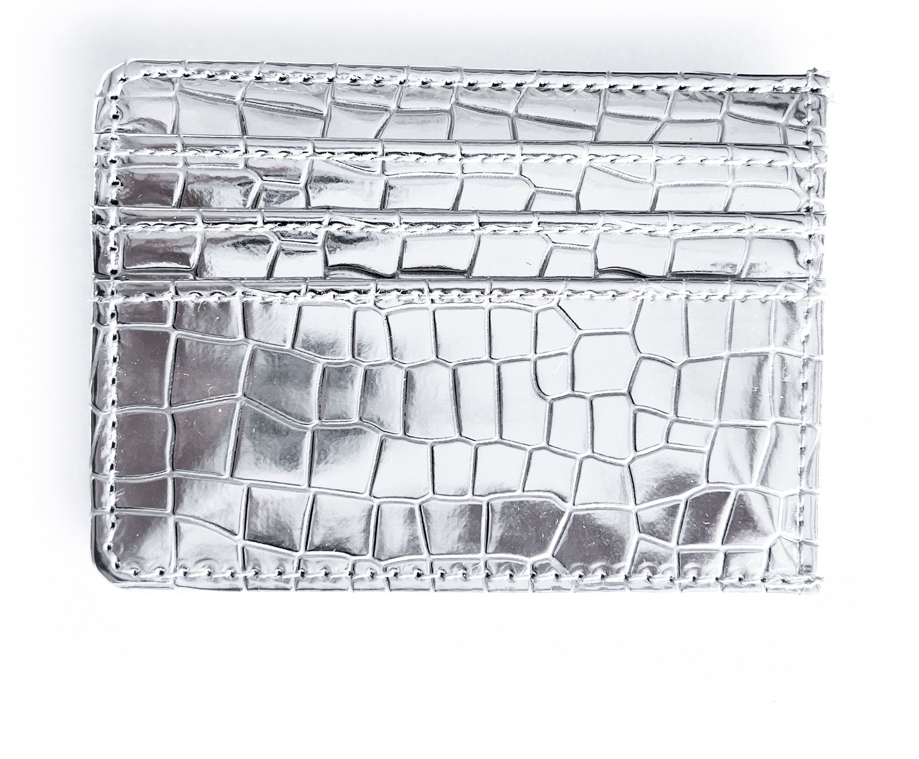 credit card holder slim design wallet in silver metallic faux leather crocodile pattern