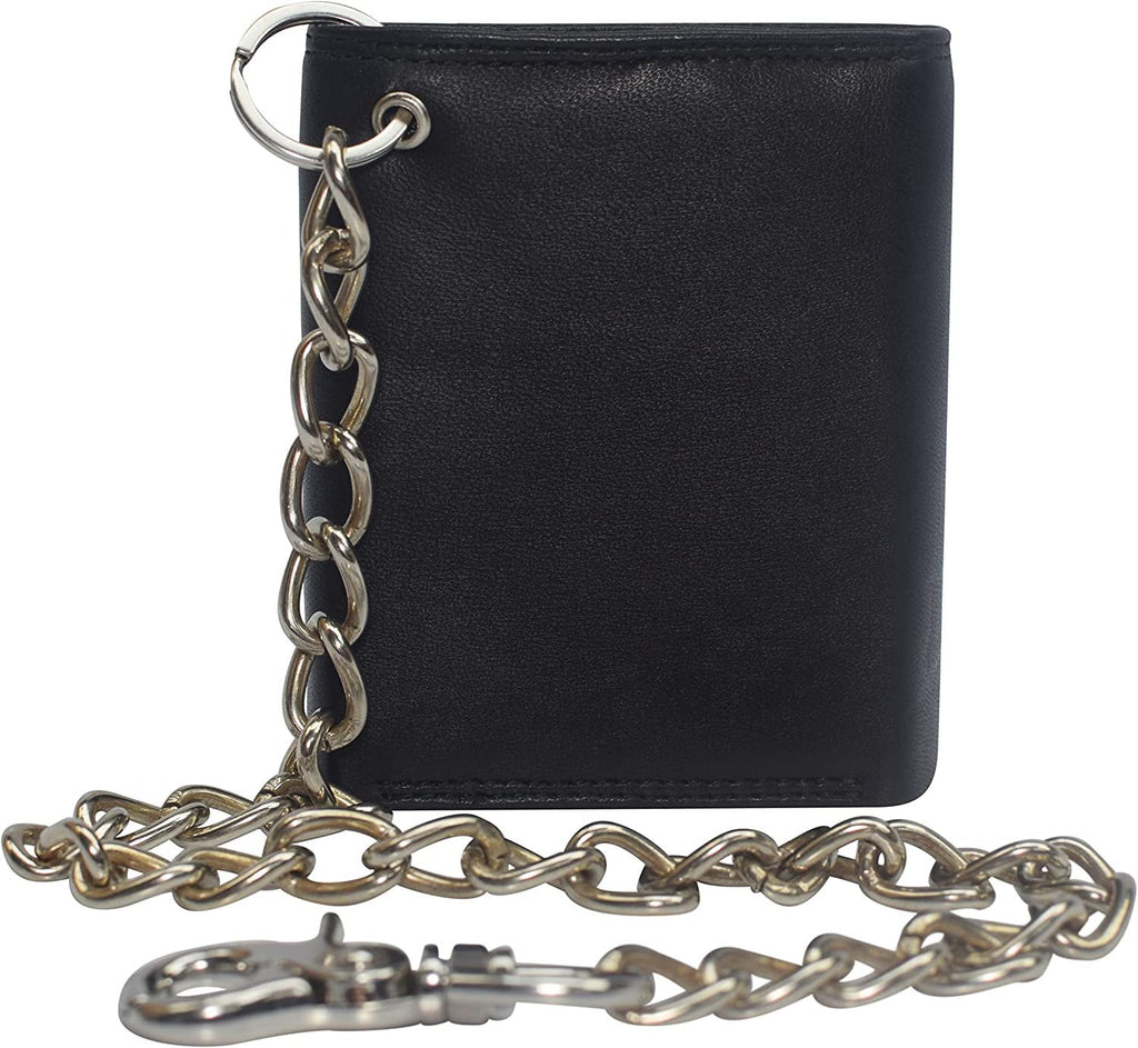 Swiss Marshall Men's RFID Blocking Premium Leather Chain Trifold Wallet Black with 15 inch Nickle Chain