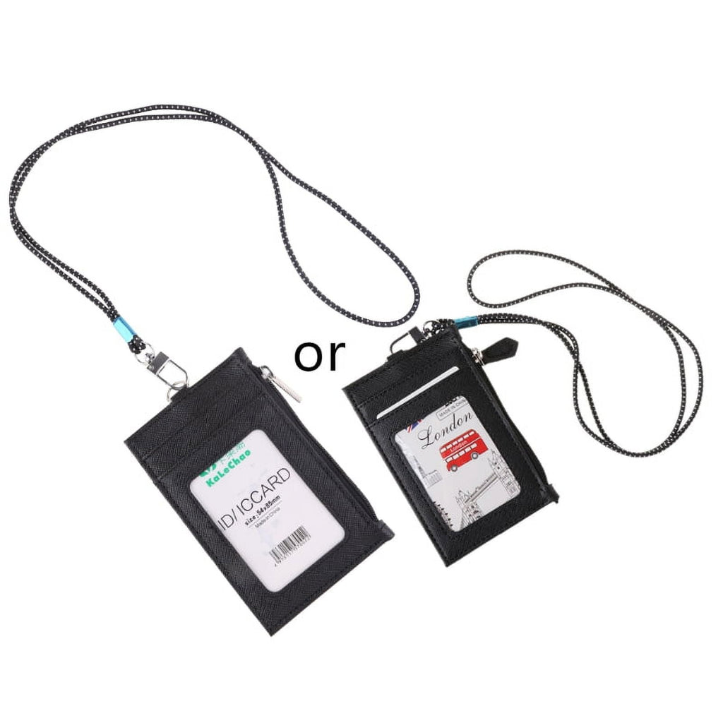 Women Business Card Holder Wallet Men PU Leather ID Cards Holders Case Neck Strap Lanyard Ladies Fashion Mini Slim Wa...