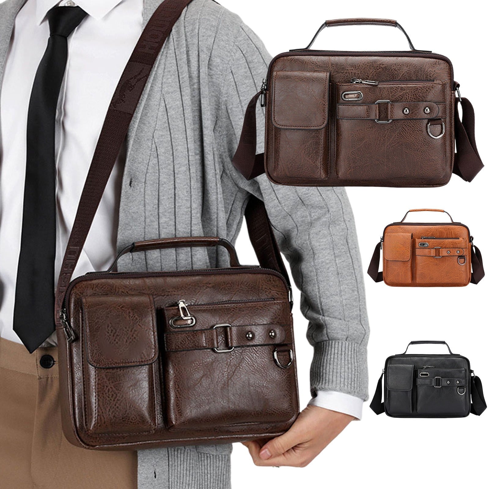 Messenger Bag for Men, 14 Inch Laptop Bag for Work Office, Handbag PU Leather Adjustable Strap Briefcase for Business Trip, Shoulder Bag Cro