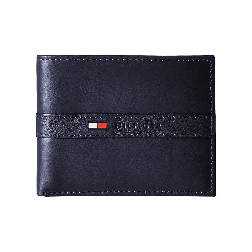 Men's Premium Leather Flip ID Passcase Billfold Wallet Navy