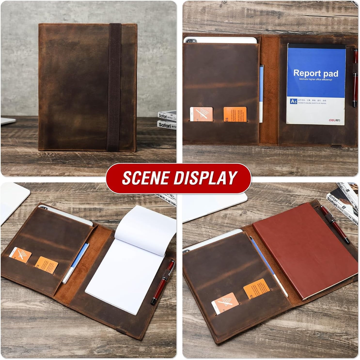 11 Inch Padfolio for Men & Women, Handmade Vintage Portfolio Organizer with Elastic Band