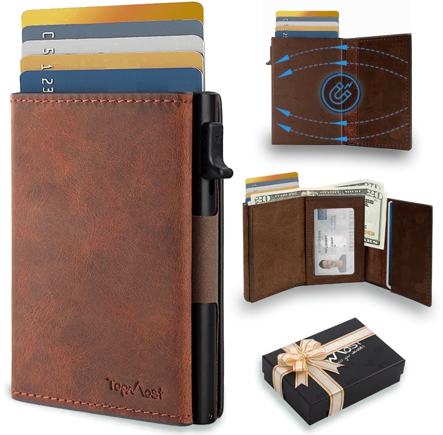 Genuine Leather Pop-Up Wallet for Men, Credit Card Holder, RFID Blocking Wallet with ID Window, Slim Minimalist, 5-9 ...