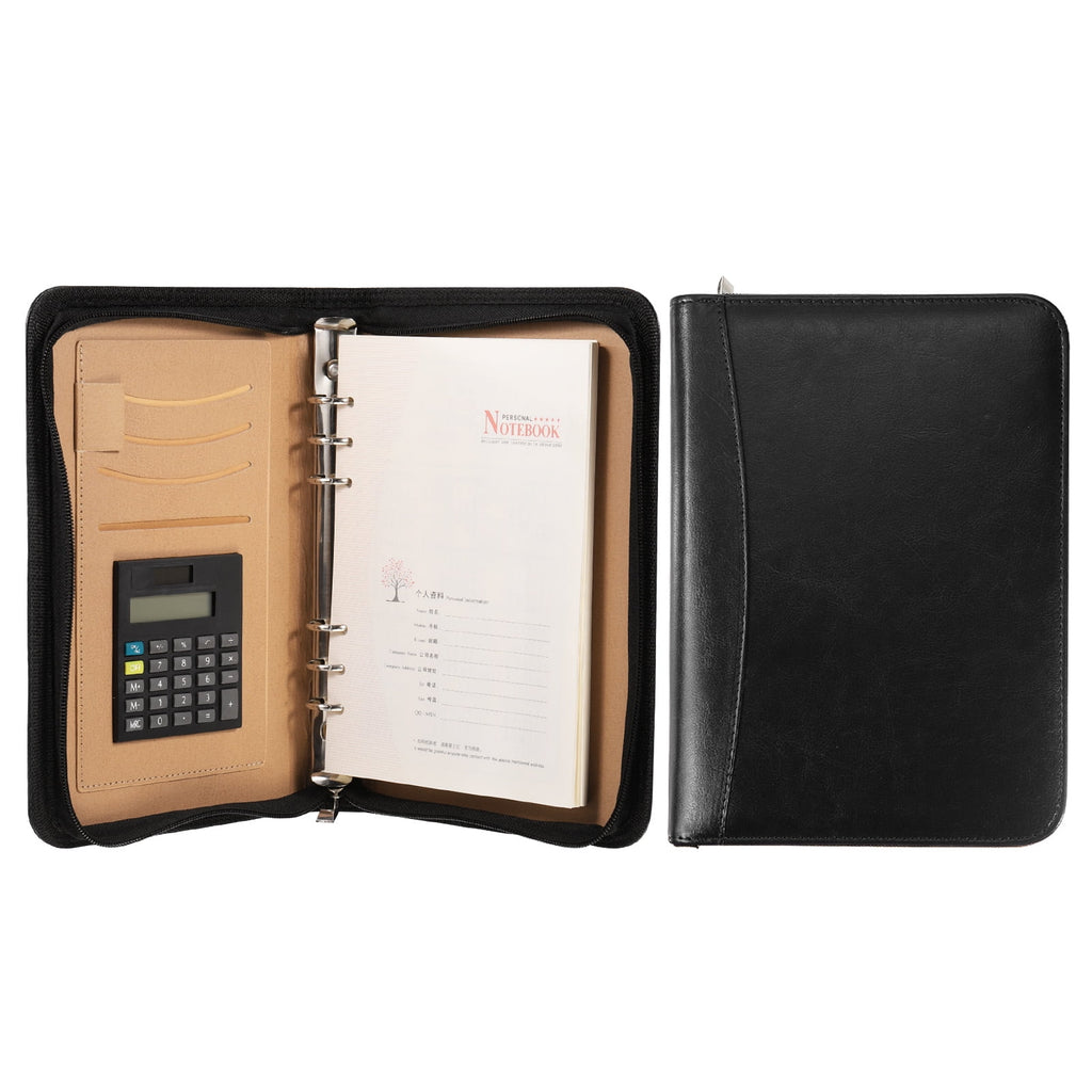 A5 Business Portfolio PU Leather Padfolio Organizer Legal Document Folder Zipper Professional, Black