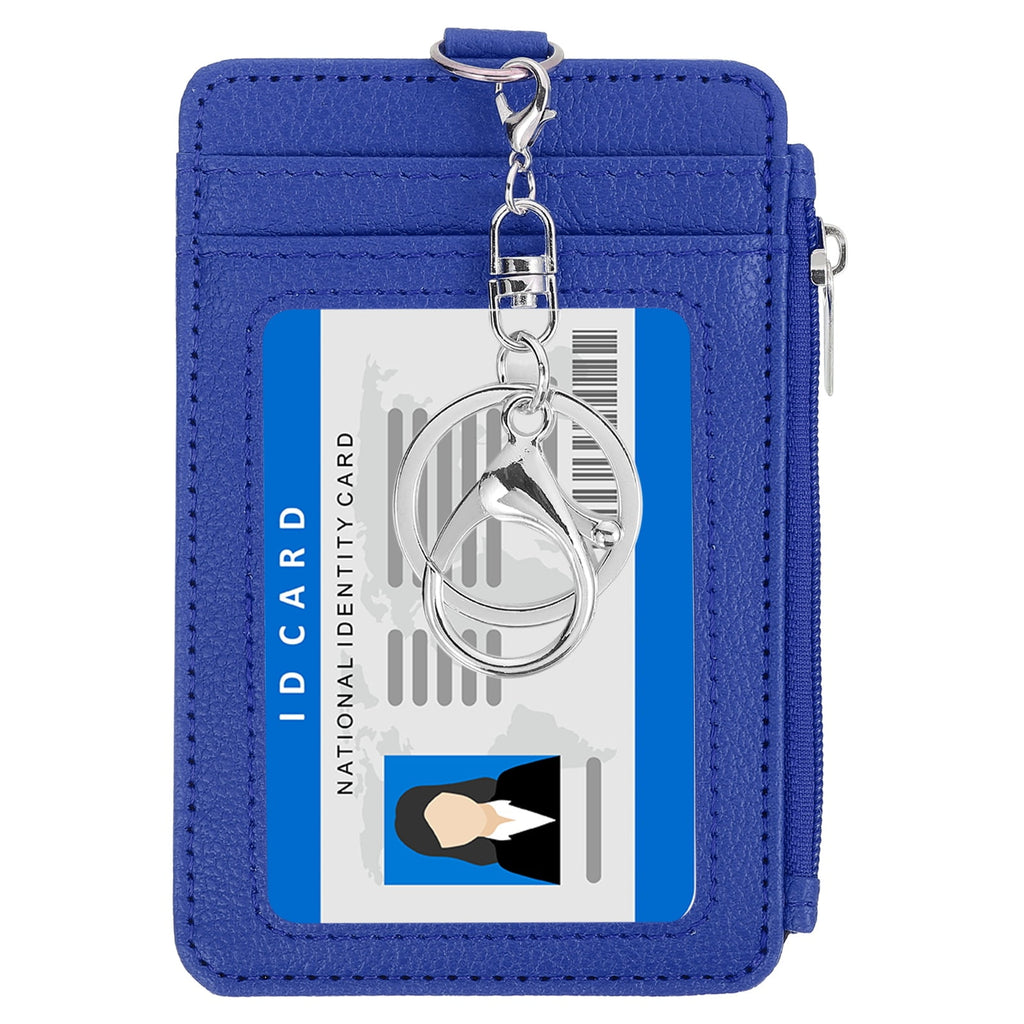 Slim PU Leather Card Holder Wallet with Keychain, Blue