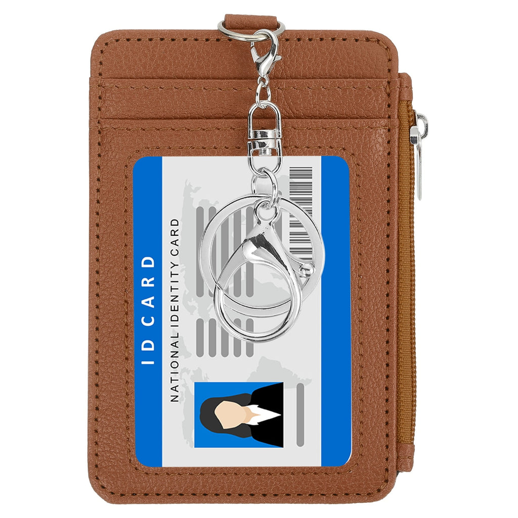 Slim PU Leather Card Holder Wallet with Keychain, Brown