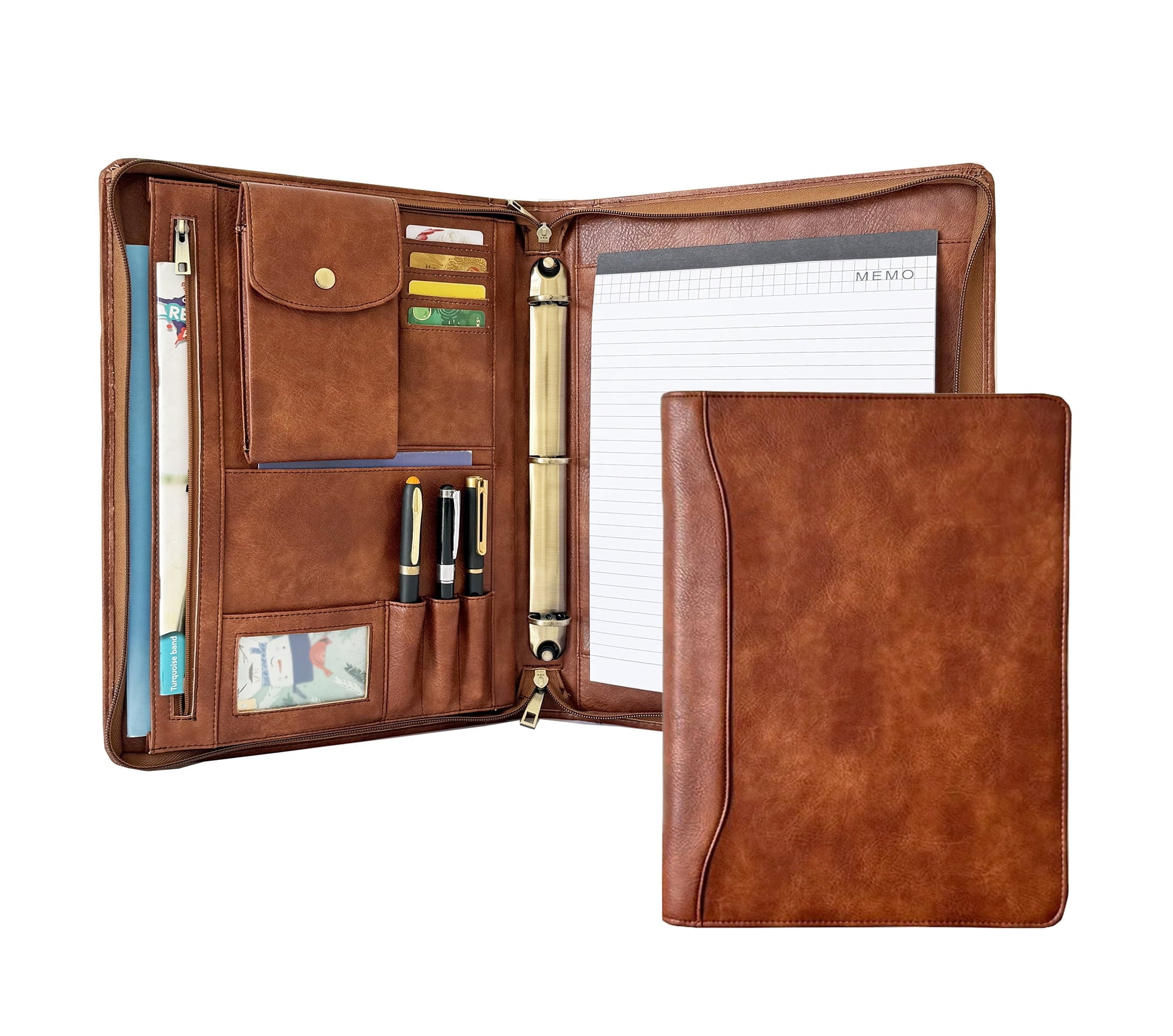 3 Ring Binder Vegan Leather Portfolio, Zippered Portfolio for Men, Letter Size Organizer Folder Padfolio A4 Document ...