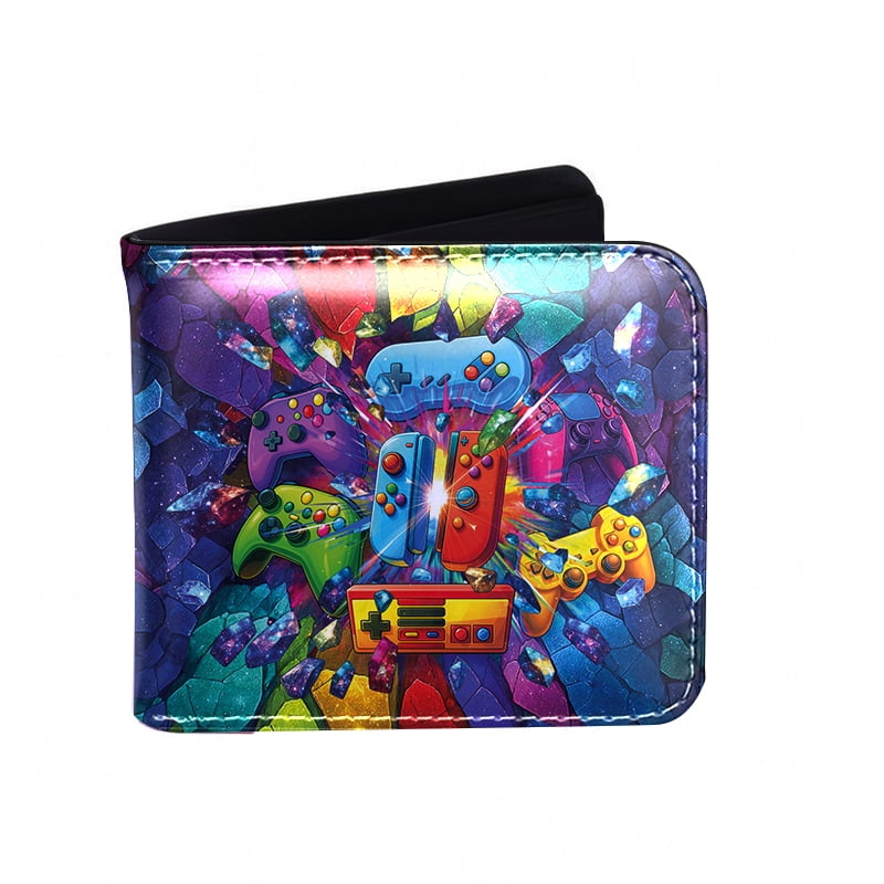 RFID Blocking Bifold Wallet for Men, Slim Leather Credit Card Holder with ID Window - Colorful Gaming Controller
