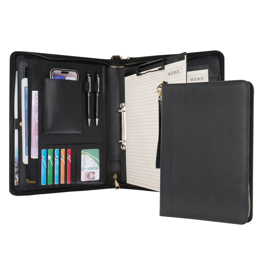 A4 Portfolio with Zipper - Leather PU Padfolio with Detachable Ring Binder and Writing Notepad Holder, Conference Fil...
