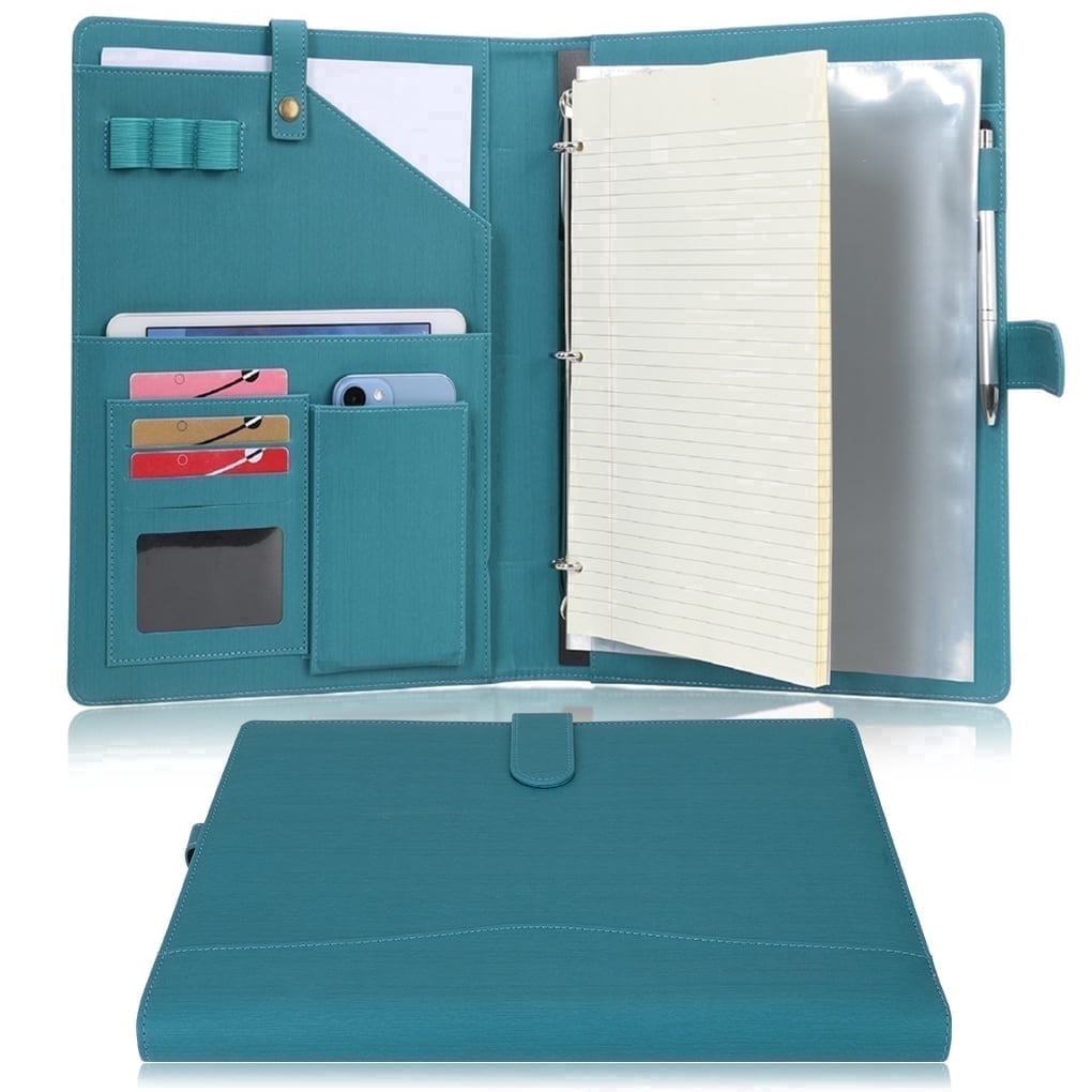 A4 PU Leather Portfolio Holder Ring File Document Case with Removable Binder Clipboard, Multi Pocket and Legal Pad fo...