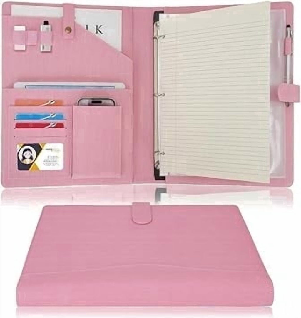 Wonderpool A4 PU Leather Portfolio Holder Ring File Document Case with Removable Binder Clipboard, Multi Pocket and Legal Pad for Business O