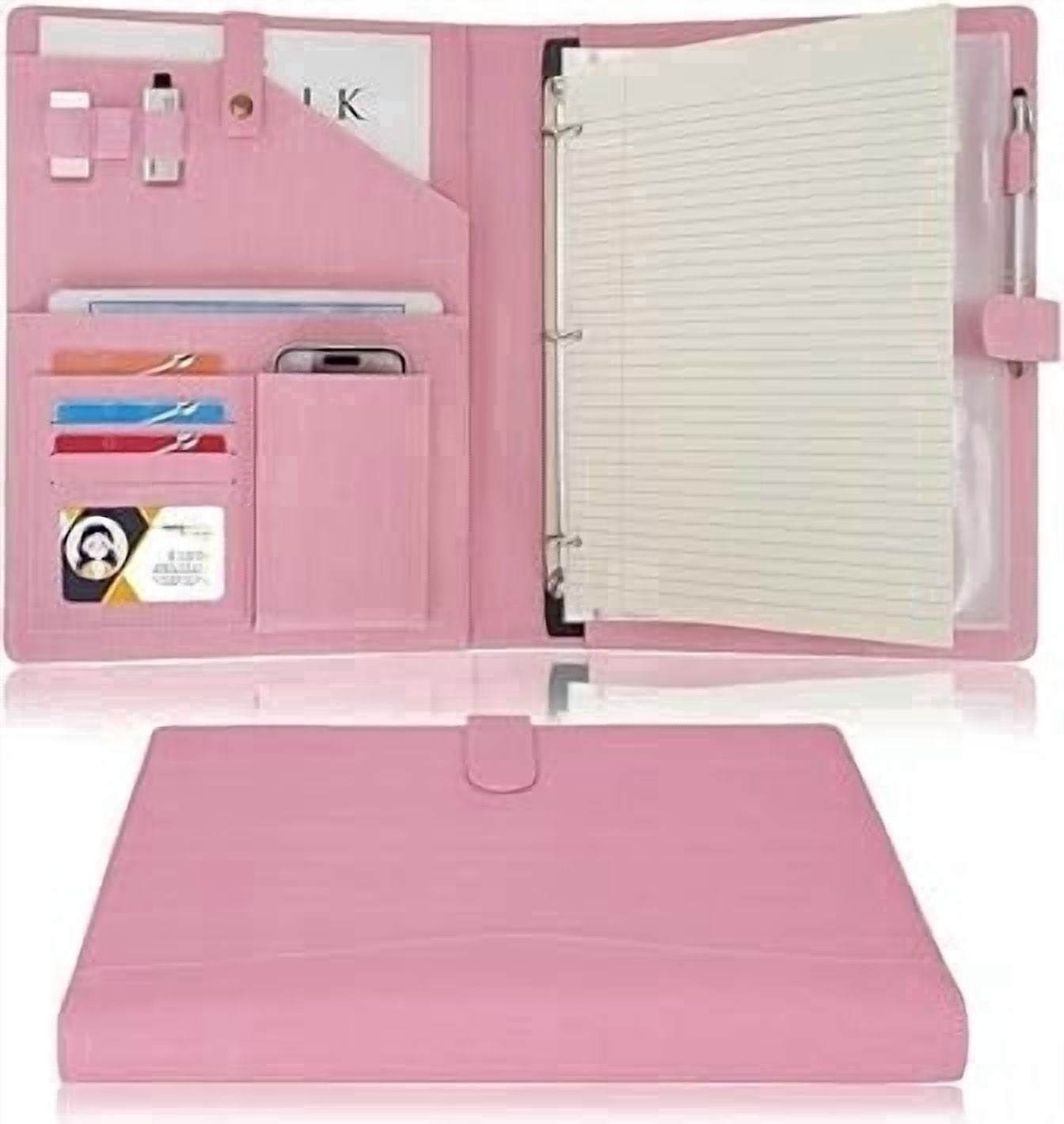 Wonderpool A4 PU Leather Portfolio Holder Ring File Document Case with Removable Binder Clipboard, Multi Pocket and Legal Pad for Business O