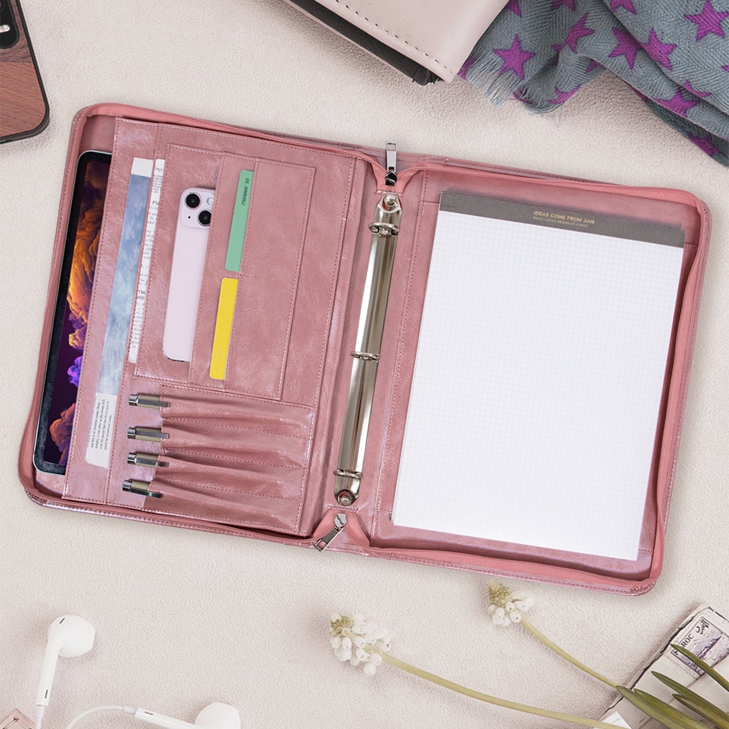 for Women, 3 Ring s 1 inch, PU Leather Padfolio Folder, Business Organizer with A4 Legal Pads, Thin Leather Professio...