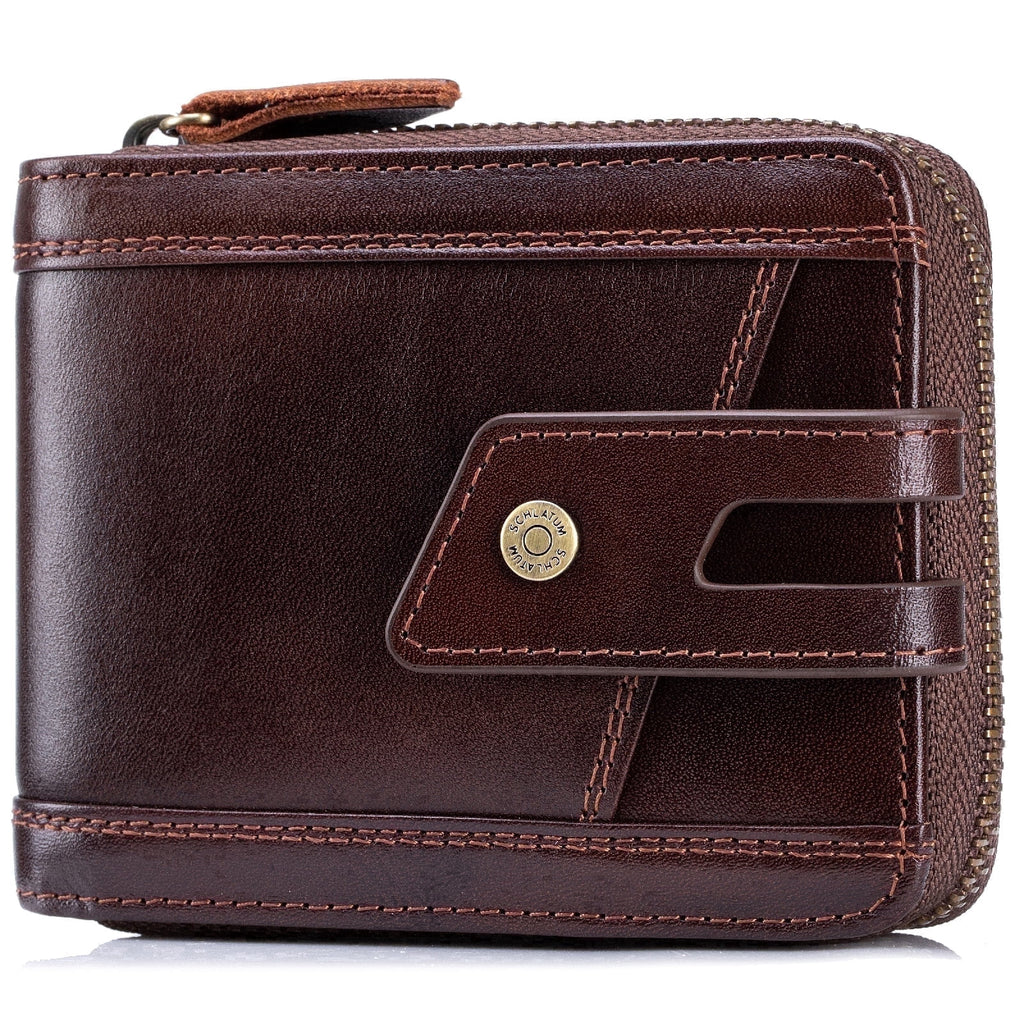 Genuine Leather Wallets for Men with Zipper RFID Blocking Large Capacity Retro Mens Wallet, Brown