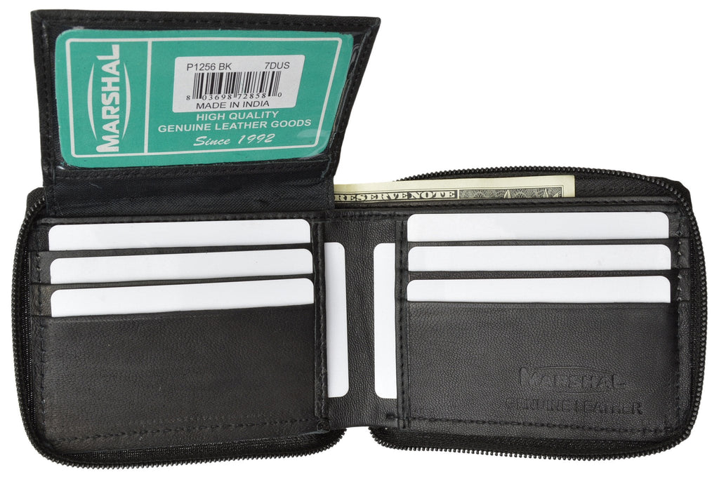 Zippered Bifold Mens Wallet Deluxe Credit Card Flip Genuine Lamb Leather P 1256 (C) Black