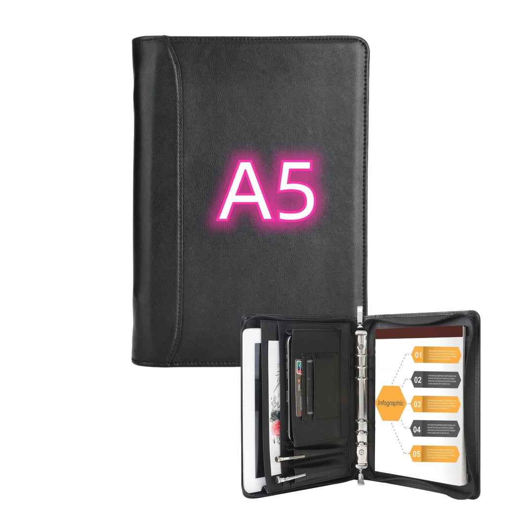 Zippered Leather Binder Padfolio , A5 Binder 6 Ring Vegan Leather Portfolio Folder, Professional Document with A5 Cli...