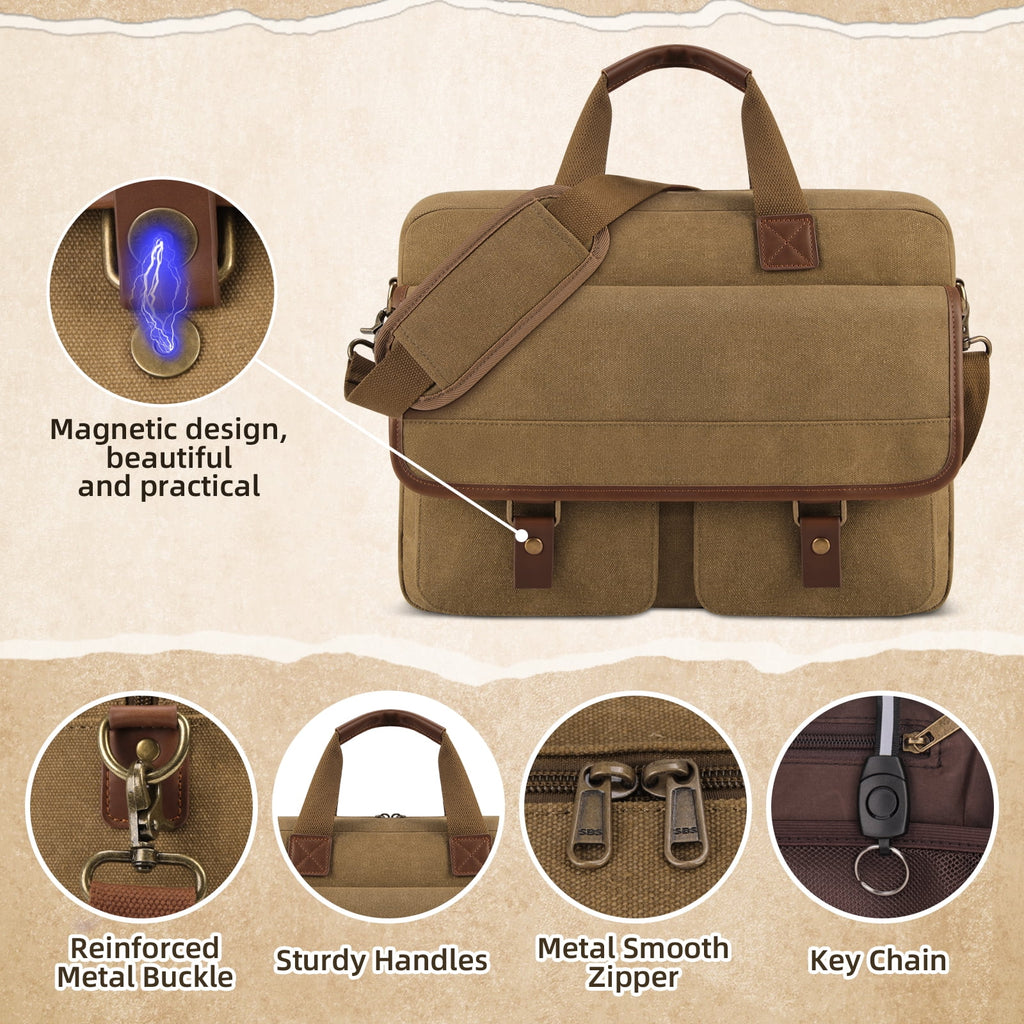 Large Canvas Messenger Bag for Men 15-inch Men's Satchels Crossbody Shoulder Bag Business Briefcase, Brown - Image 2