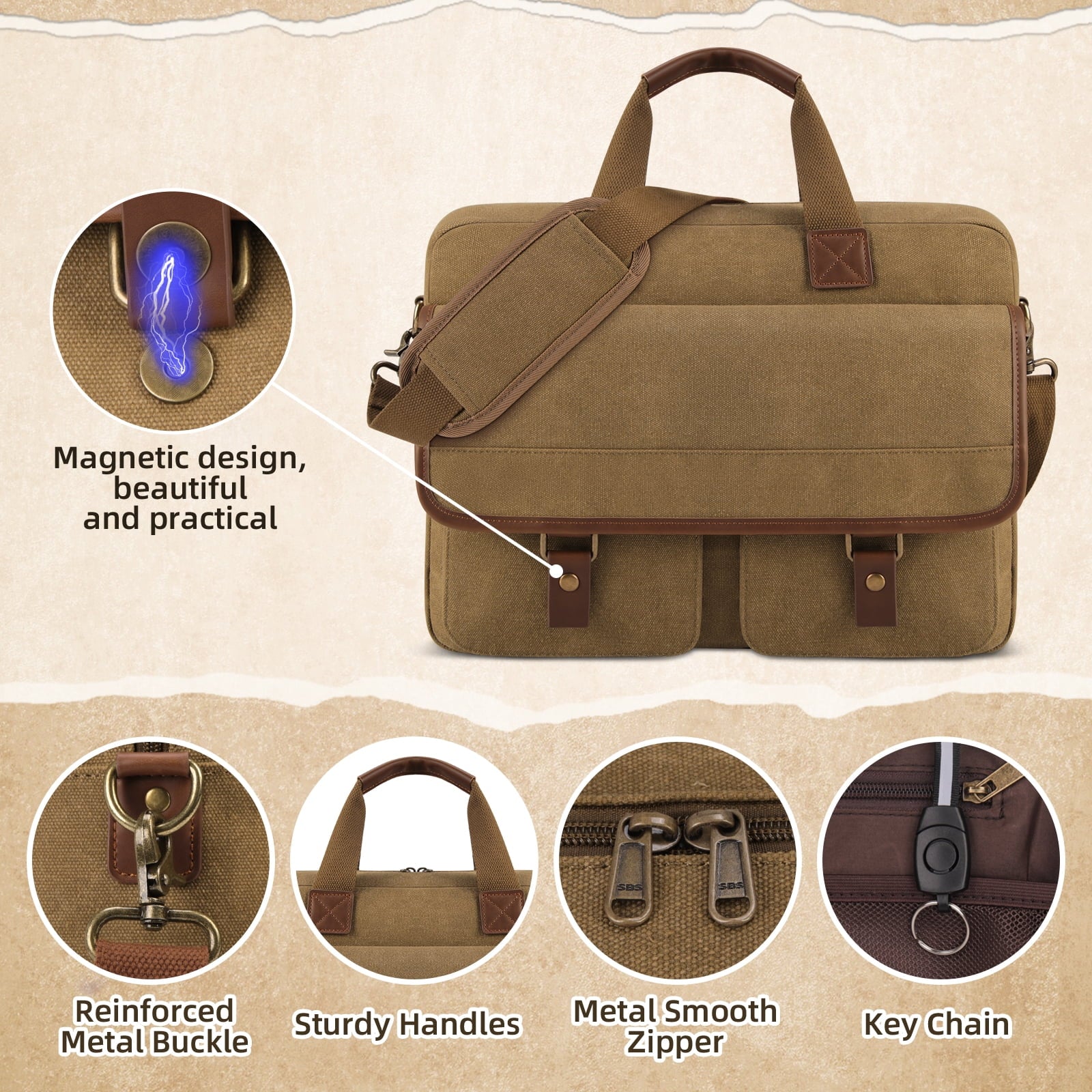 Large Canvas Messenger Bag for Men 15-inch Men's Satchels Crossbody Shoulder Bag Business Briefcase, Brown - Image 2