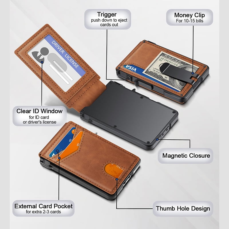 Ultra-Thin Men's Wallet - Brown Anti-Theft Leather Bi-Fold RFID-Blocking Card Holder with Pop-Up Magnetic Aluminum Wa... - Image 6
