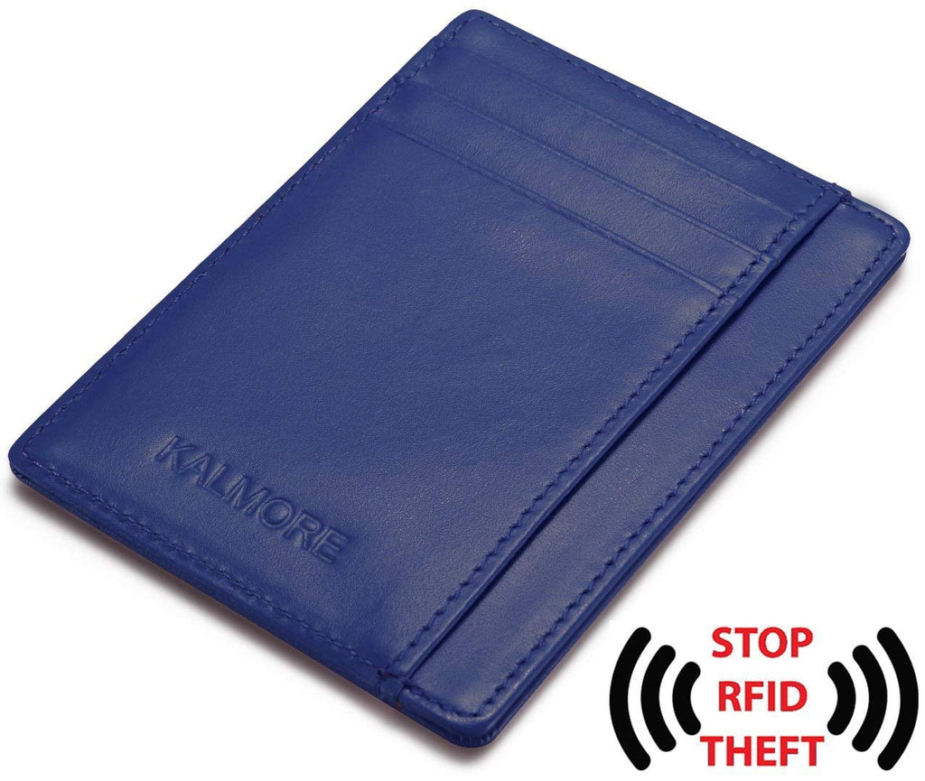 Credit Card Holder with ID Window RFID Protected Genuine Leather Slim Wallet (Blue) - Image 3