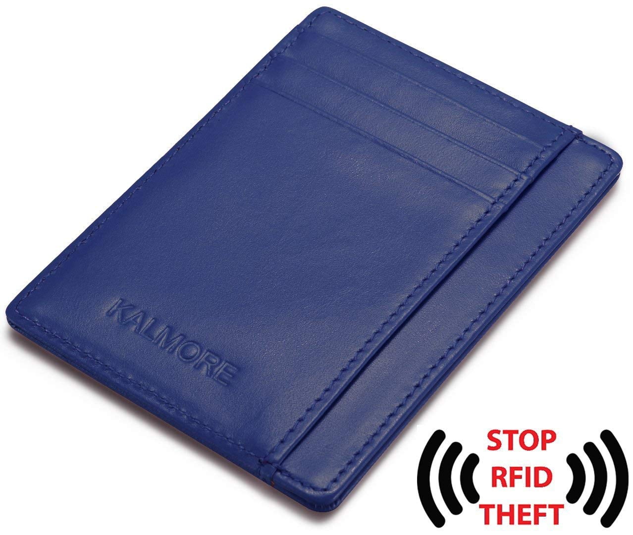 Credit Card Holder with ID Window RFID Protected Genuine Leather Slim Wallet (Blue) - Image 3
