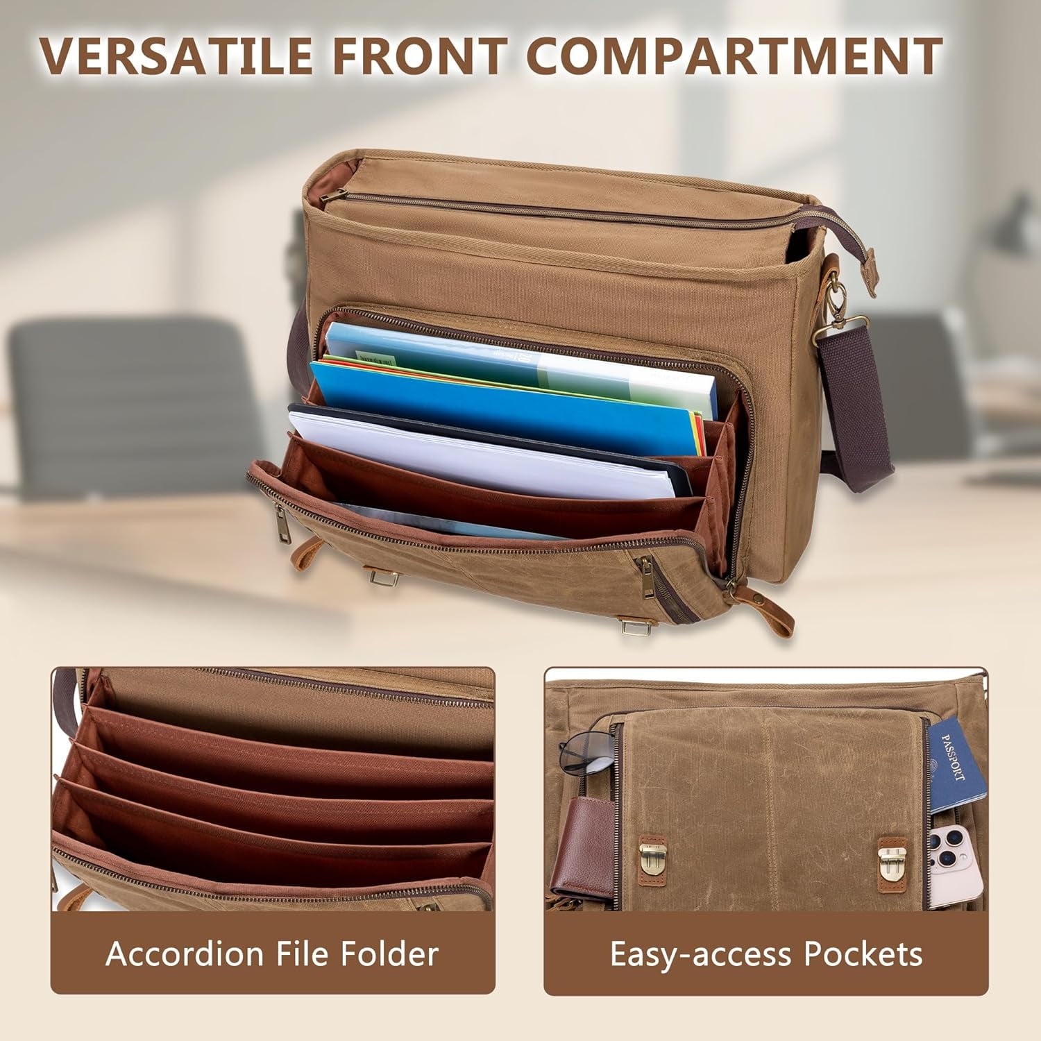 Mens Messenger Bag with Accordion File , Vintage Leather Waxed Canvas Briefcase Fits 17 inch Laptop, Waterproof body ... - Image 3
