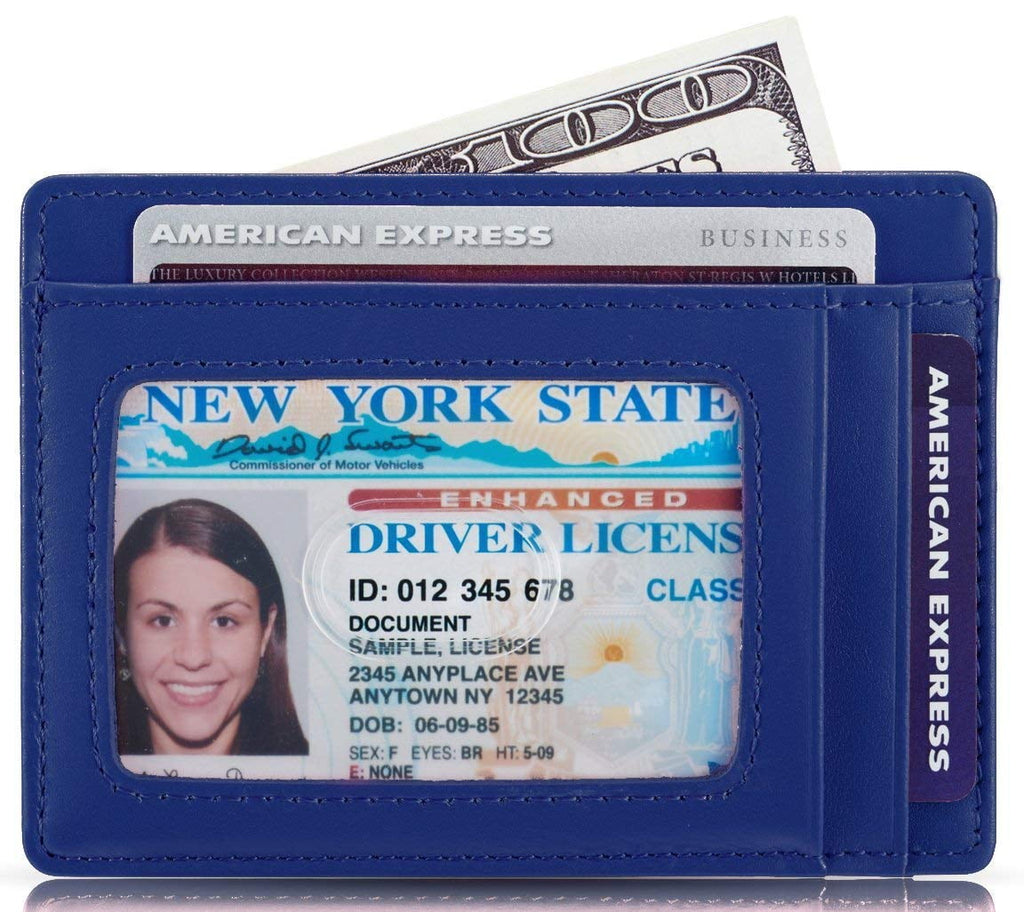 Credit Card Holder with ID Window RFID Protected Genuine Leather Slim Wallet (Blue) - Image 2