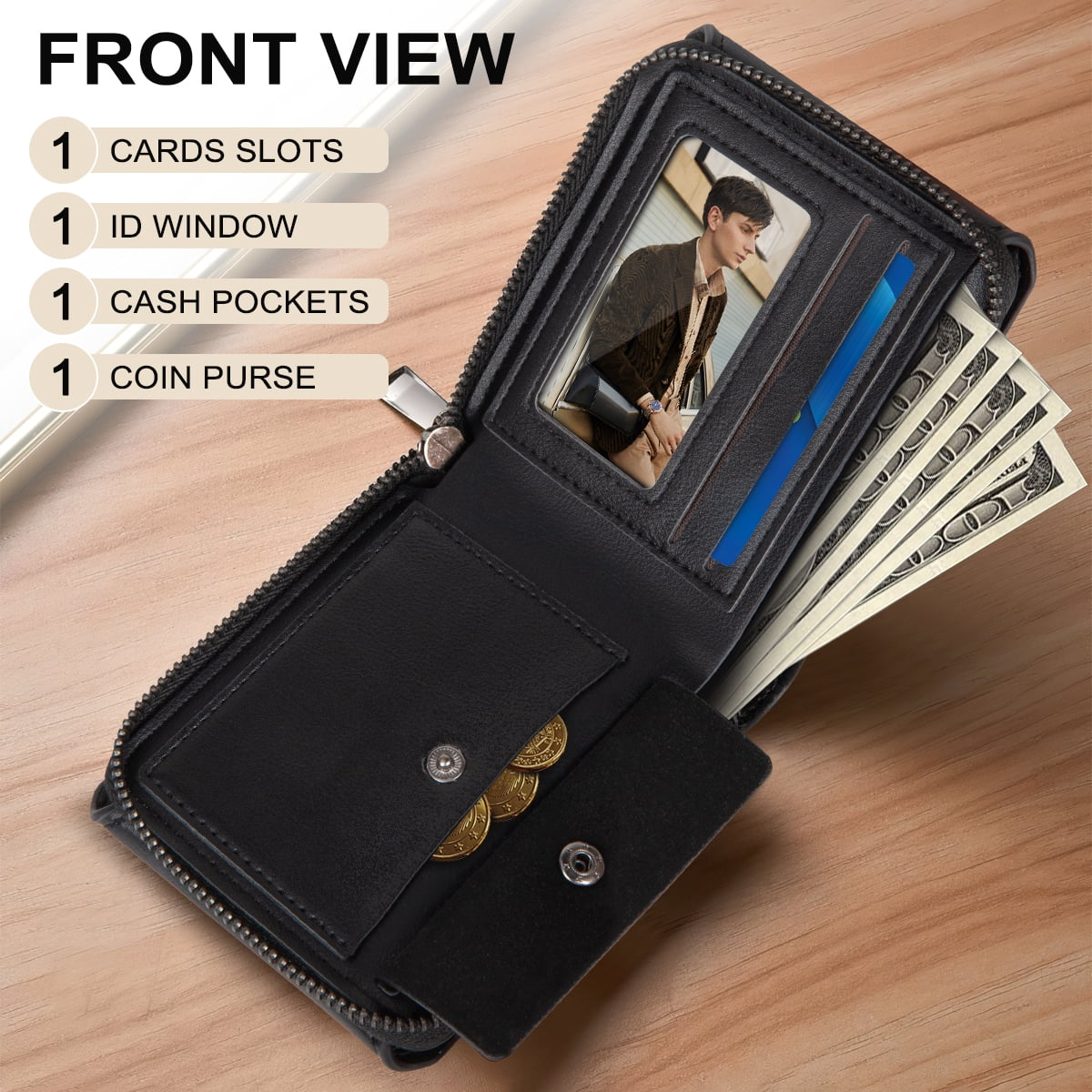 Men's Genuine Leather Zipper Wallet, RFID Shielded, Large Capacity, Vintage Wallet with Snap Coin Pocket, 3 ID Window... - Image 2