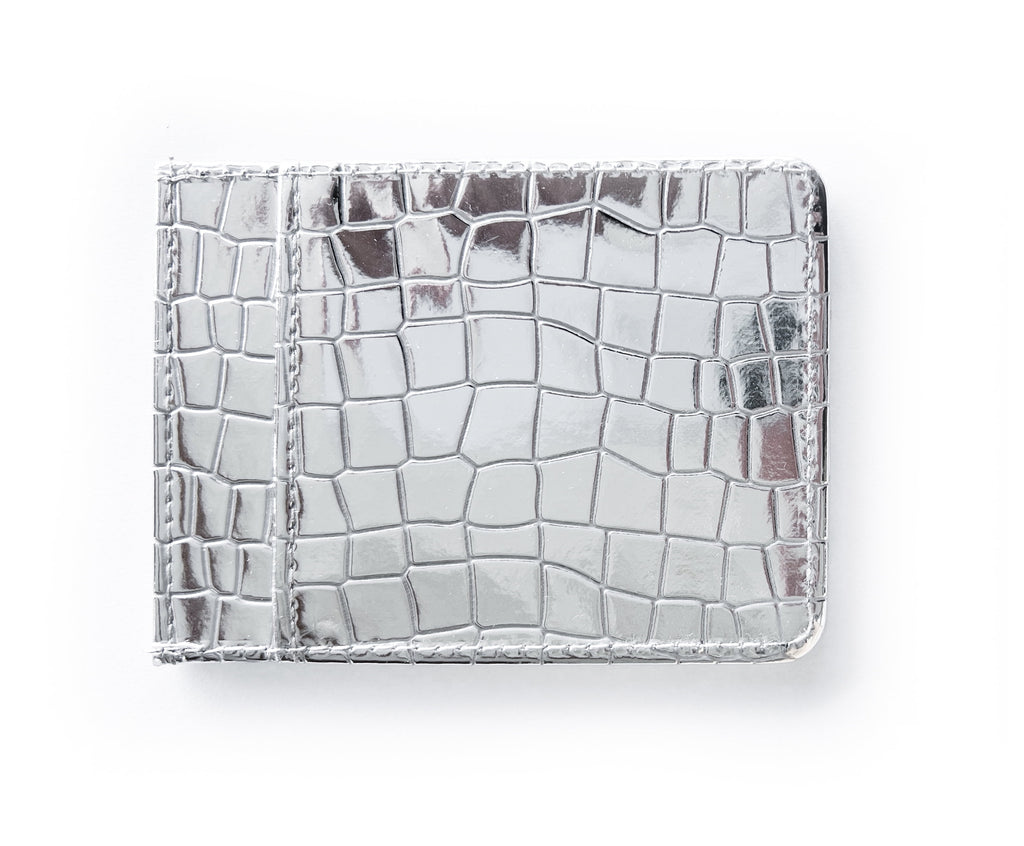 credit card holder slim design wallet in silver metallic faux leather crocodile pattern - Image 3