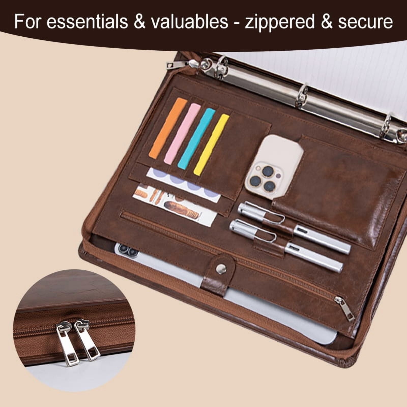 A4 Business Padfolio Binder with Zipper, Vegan Leather Professional Portfolio Organizer with 3-Ring Binder, Notepad & Resume Holder for Meet - Image 5