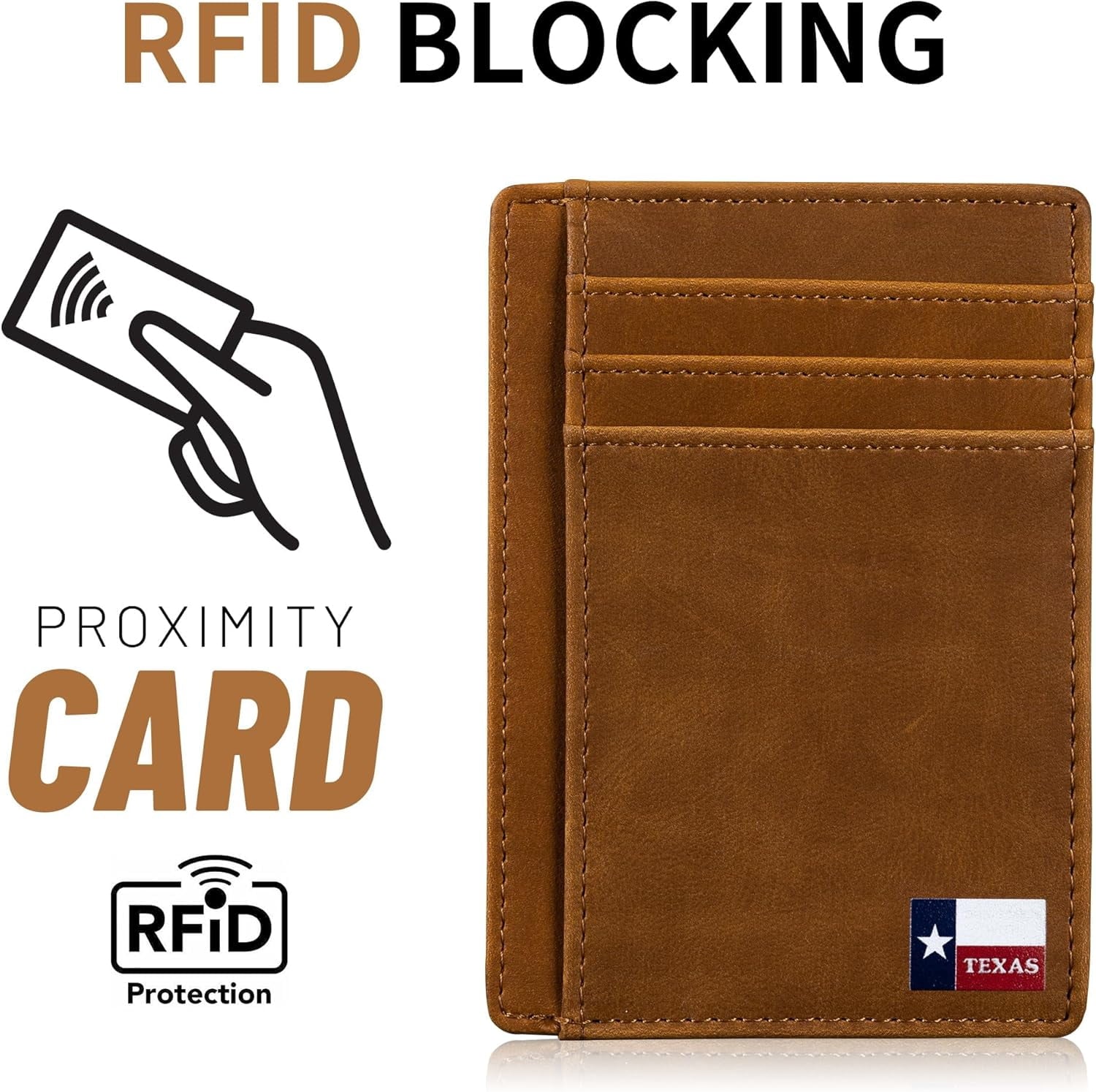 Slim Front Pocket Wallet, PU Leather, Khaki, Card Holder, RFID Blocking with Texas Souvenir Logo, Gift for Texans and their lovers (Texas Fl - Image 6