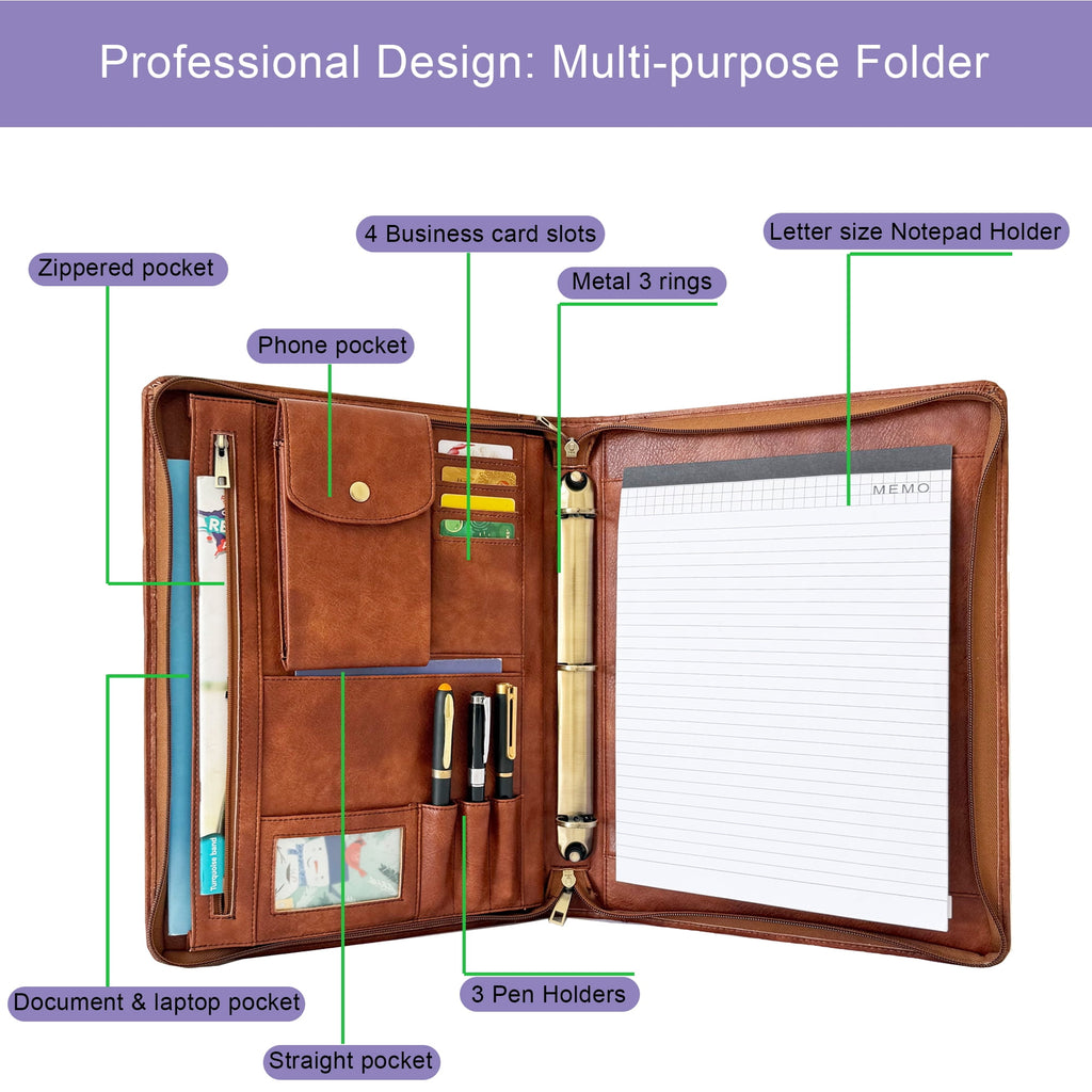 3 Ring Binder Vegan Leather Portfolio, Zippered Portfolio for Men, Letter Size Organizer Folder Padfolio A4 Document ... - Image 3