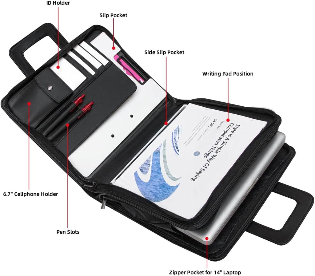 14" Laptop Briefcase, Vegan Leather Portfolio with Zipper Compartments x 2, A4 Papers Holder Padfolio Organizer - Image 4