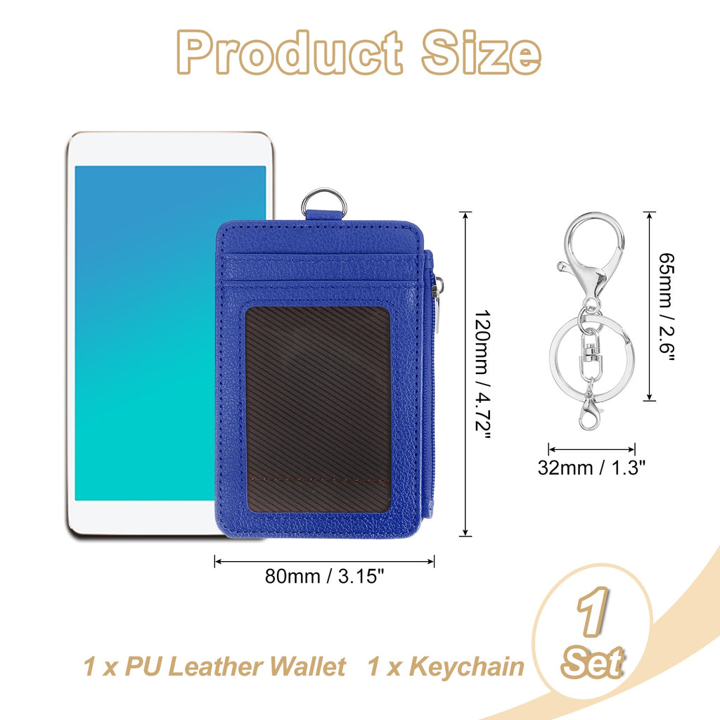 Slim PU Leather Card Holder Wallet with Keychain, Blue - Image 2