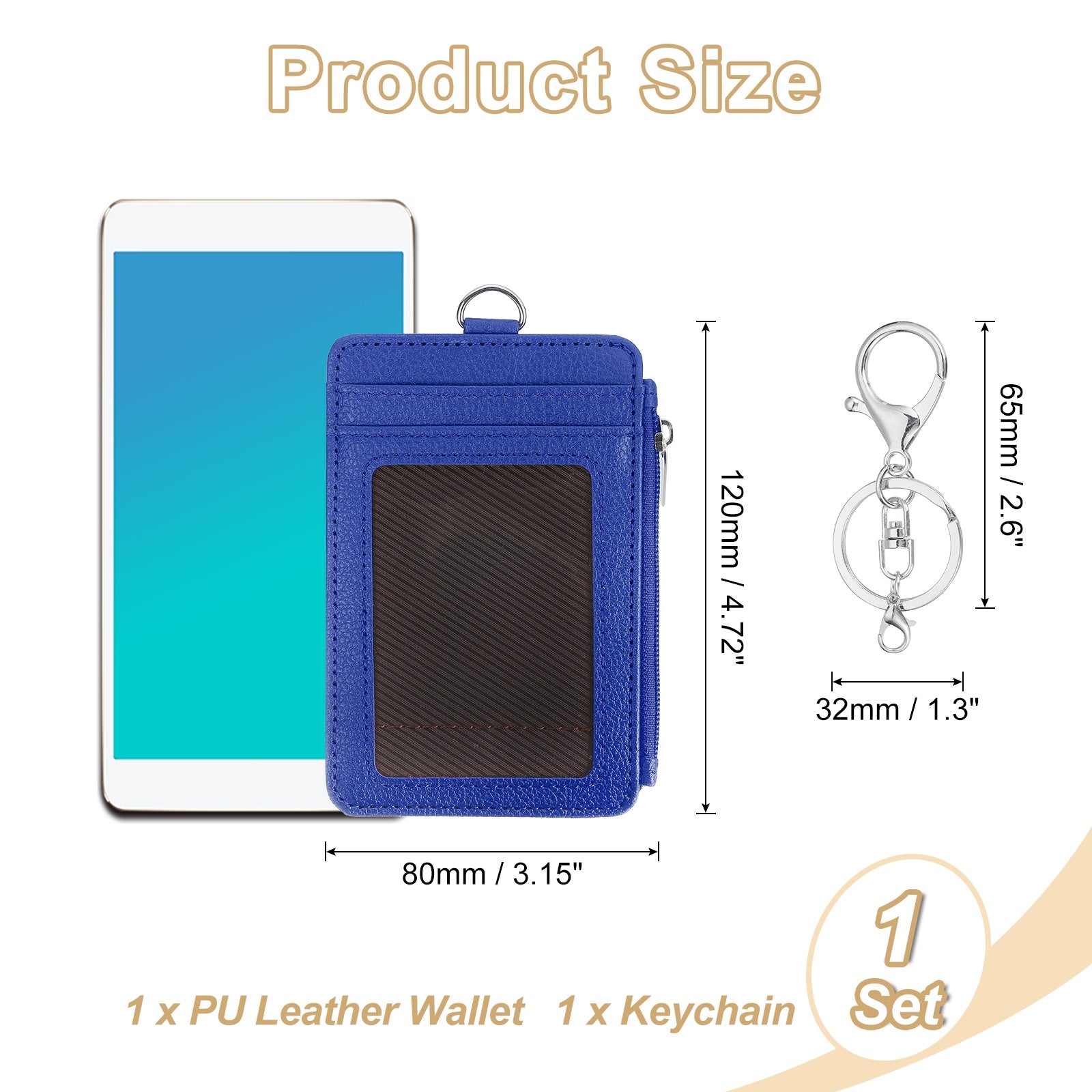 Slim PU Leather Card Holder Wallet with Keychain, Blue - Image 2