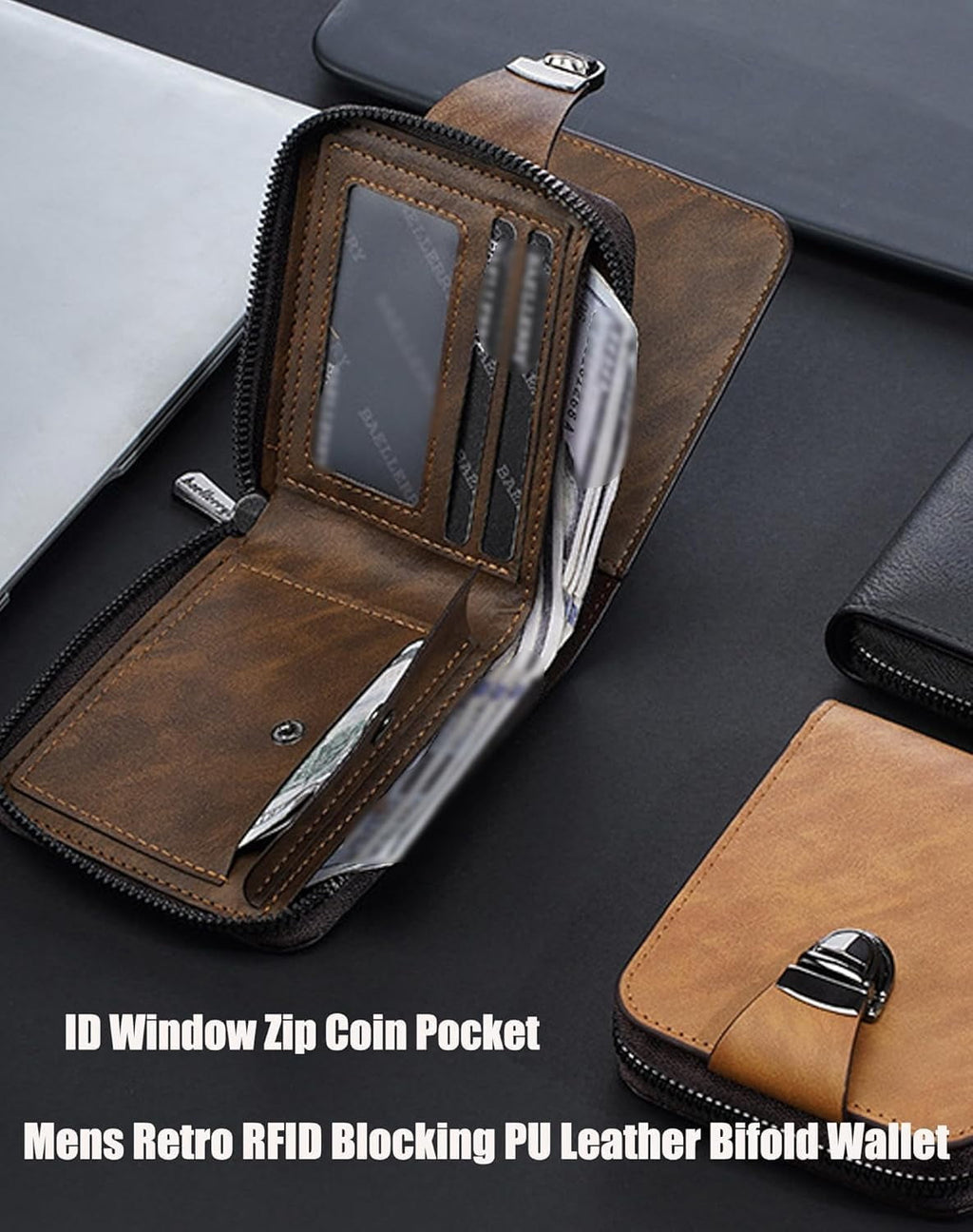 Men's Vintage Compact Zipper Wallet, Slim Leather Slots Credit Card Holder Rfid Blocking Bifold Minimalist Wallet (Black) - Image 4